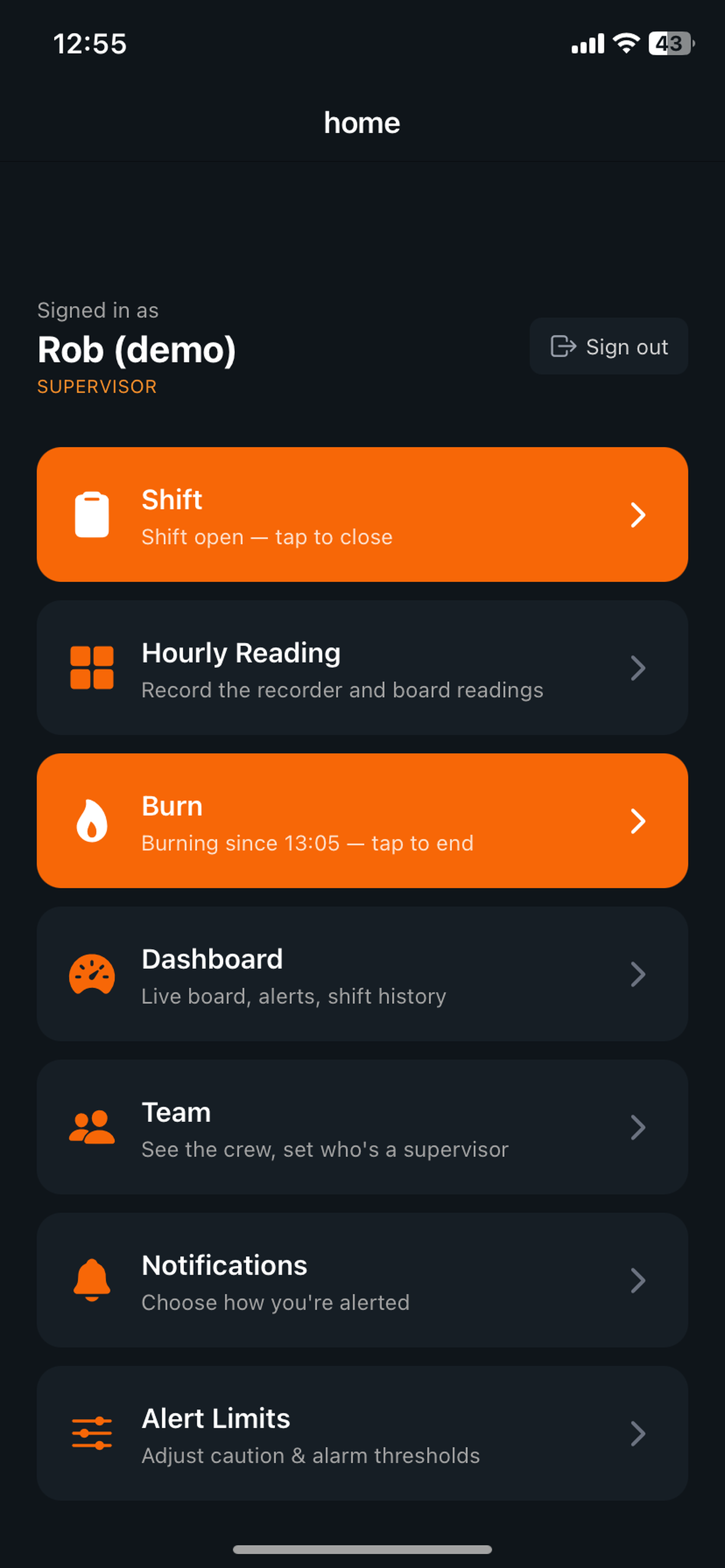 Dirt burner monitor home screen showing shift, hourly reading, burn, and dashboard entry points